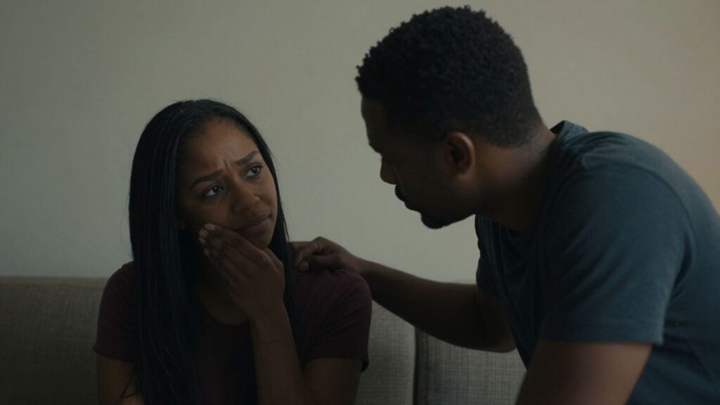 Couple with unclear emotional boundaries in a dimly lit room.
