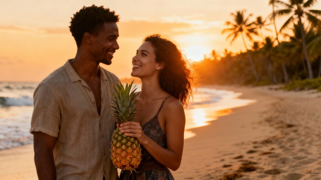 Couple with upside-down pineapple on a tropical beach.