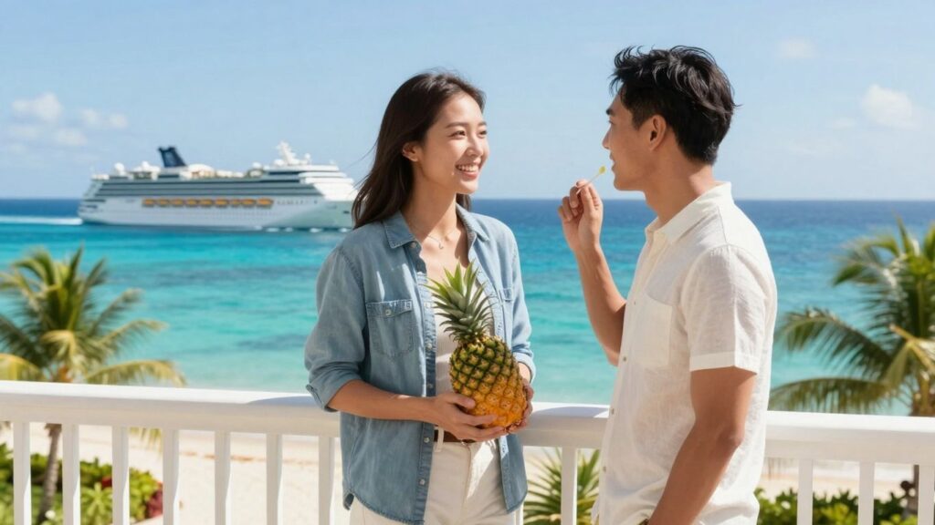 Couple with upside-down pineapple on resort balcony, cruise ship in background.