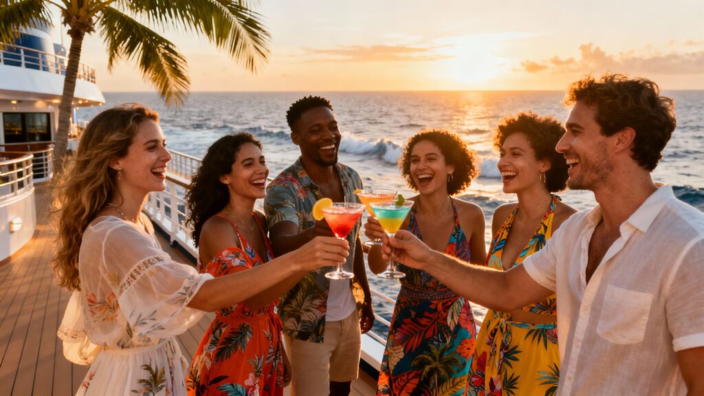 Couples and friends celebrating on a luxurious cruise ship deck at sunset.