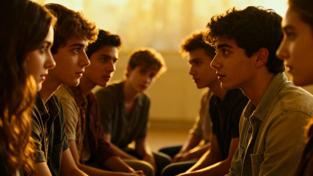 Couples and individuals in a circle, looking at each other.