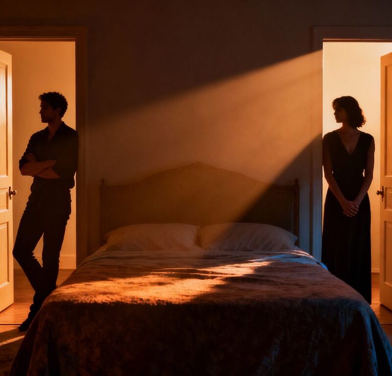 Couple's bedroom with doors ajar, suggesting separate spaces.