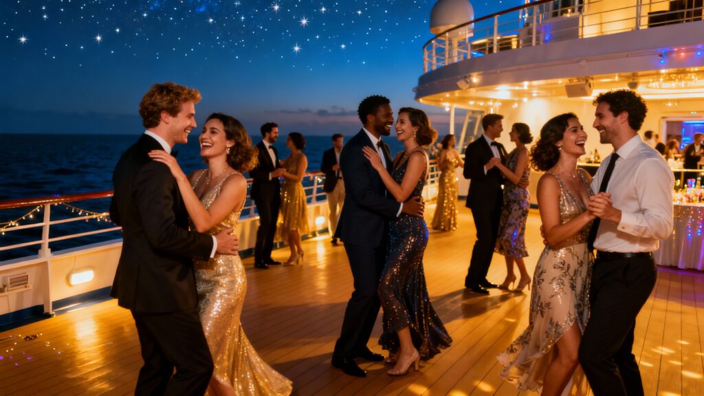 Couples enjoying a party on a cruise ship deck at night.