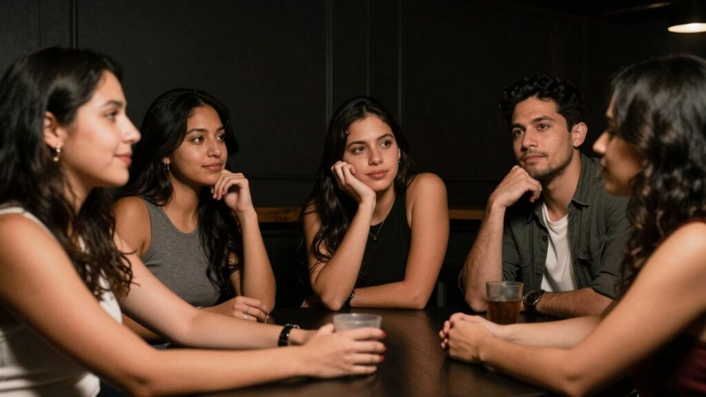 Couples connecting at a social gathering.