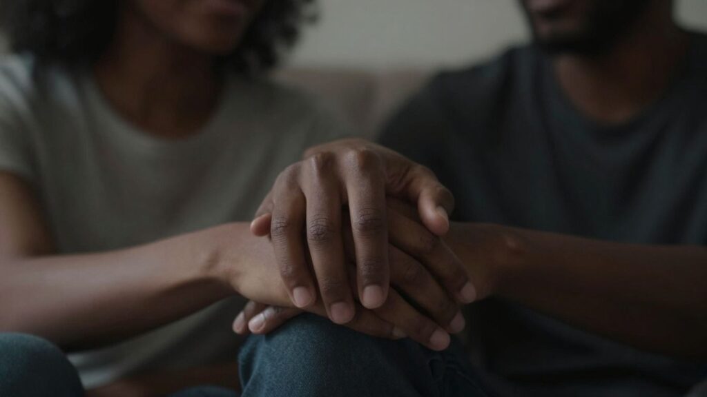 Couple's hands intertwined in intimate setting.