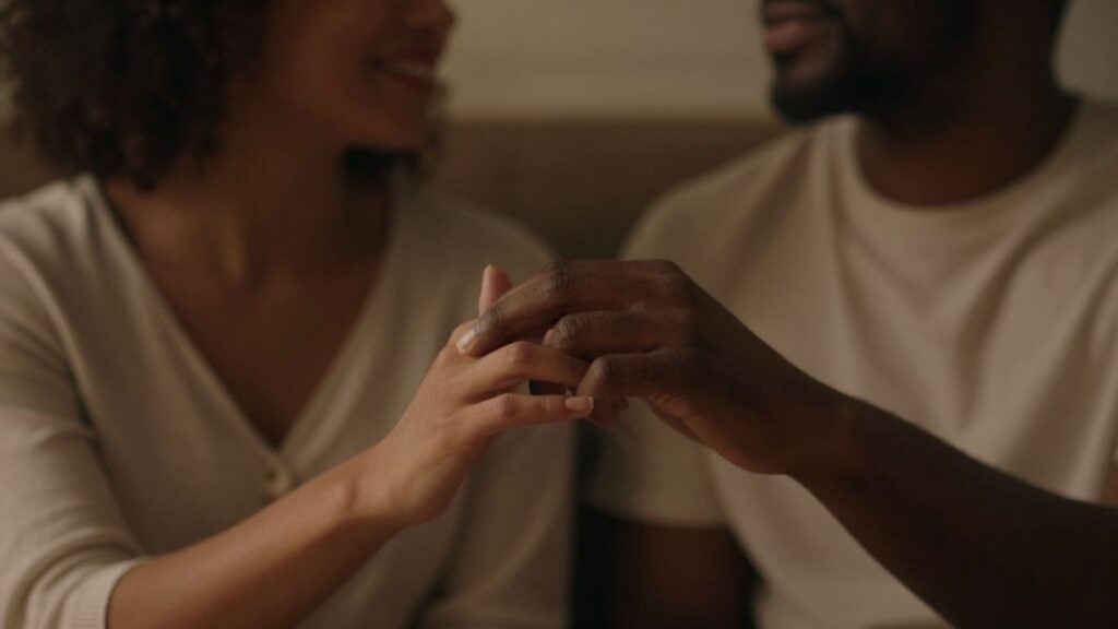 Couple's hands touching, intimate connection, online to offline.