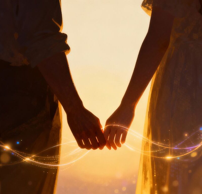 Couple's hands touching with soft light.