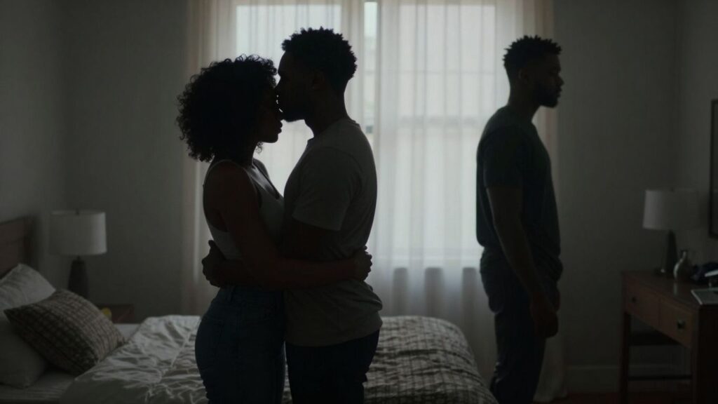 Couples in a dimly lit room, hinting at complex relationships.