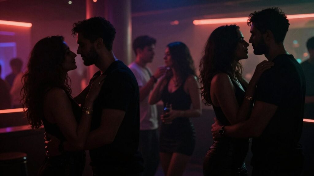 Couples interacting intimately in a dimly lit swinger club.