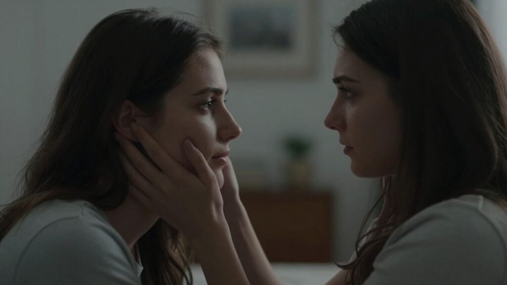 Couple's intimate moment, conveying emotional connection.