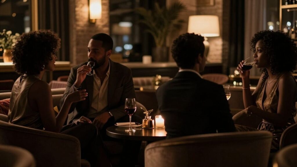 Couples socializing in a luxurious, dimly lit lounge.