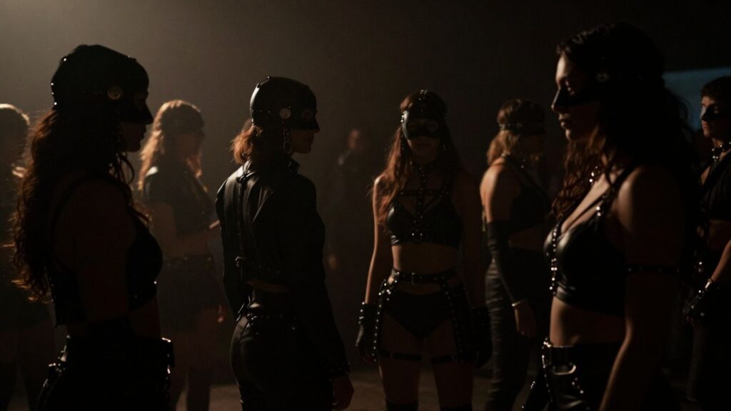 Diverse BDSM community members in atmospheric lighting.