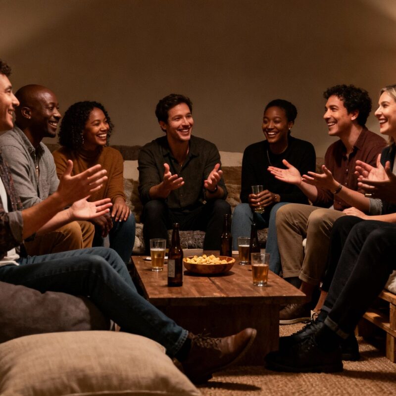 Diverse adults in intimate communal setting exploring connections.