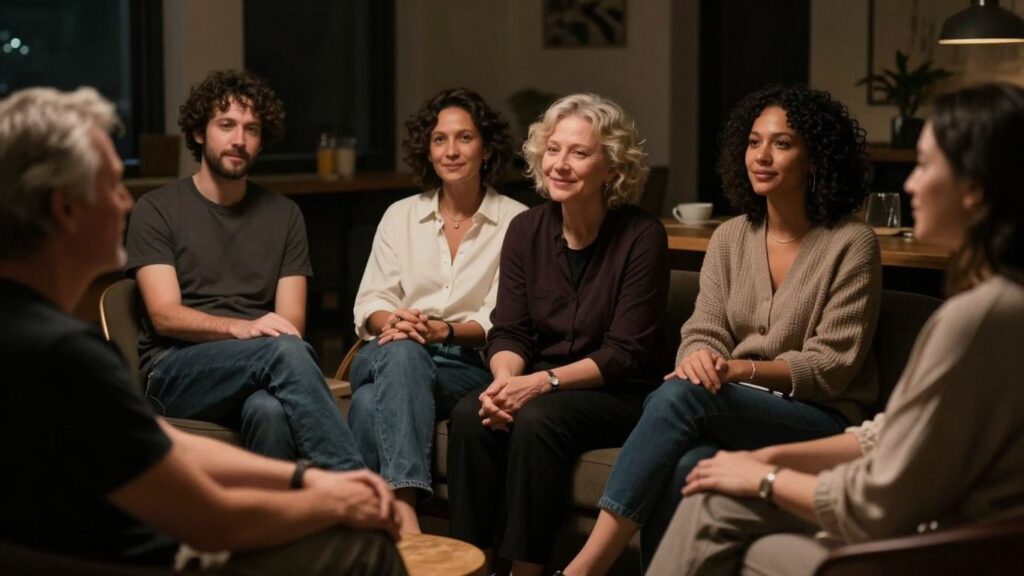Diverse adults in intimate, relaxed setting