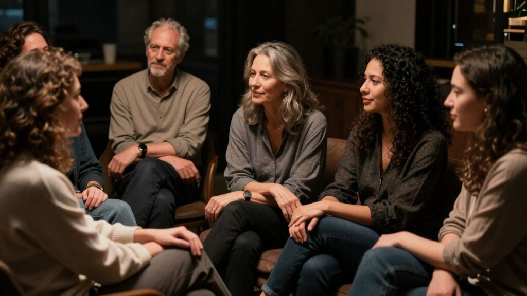 Diverse adults interacting respectfully in an intimate setting.