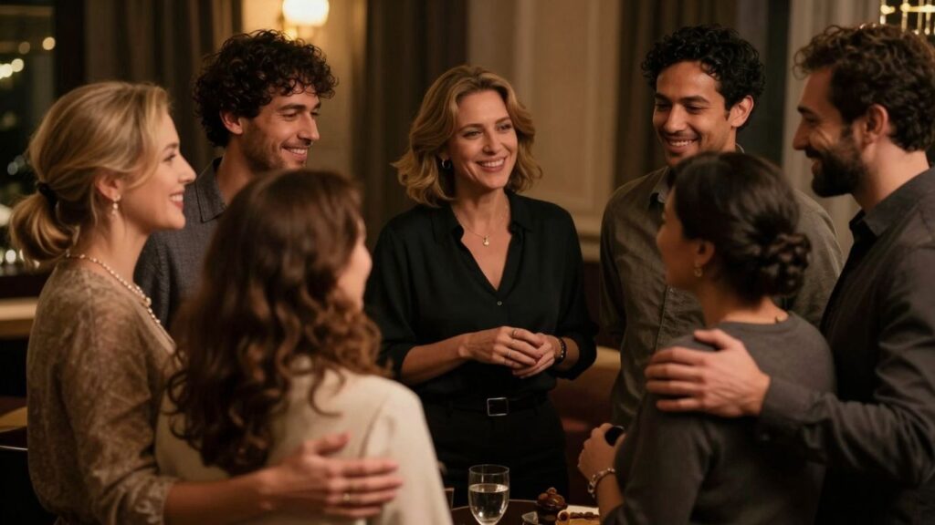 Group of adults enjoying a social gathering.