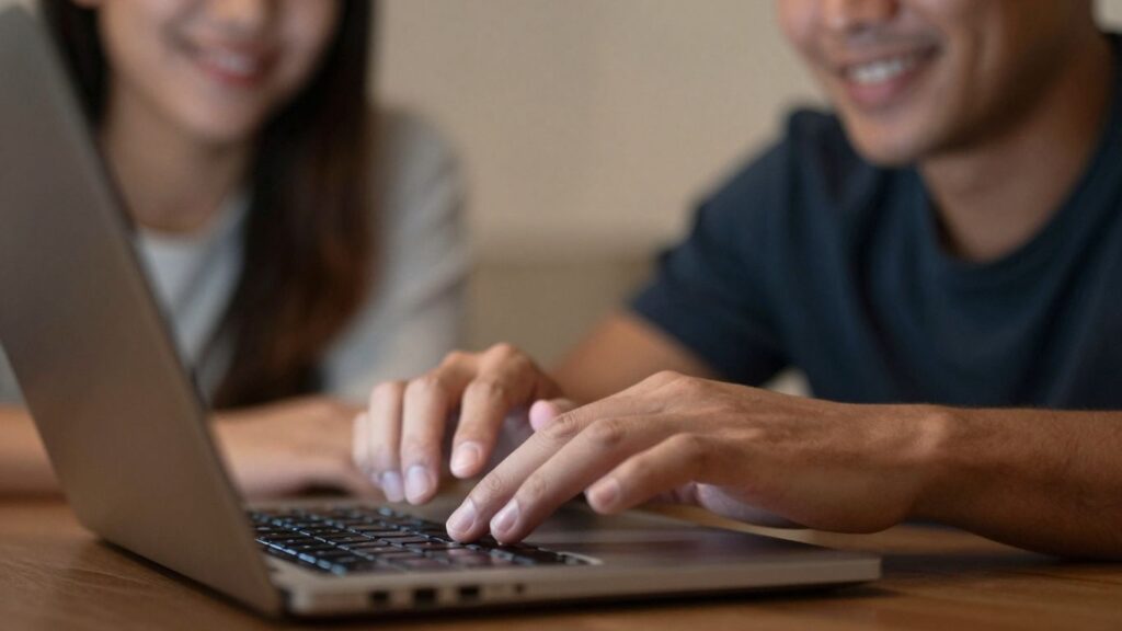 Hands connecting over a glowing laptop screen.