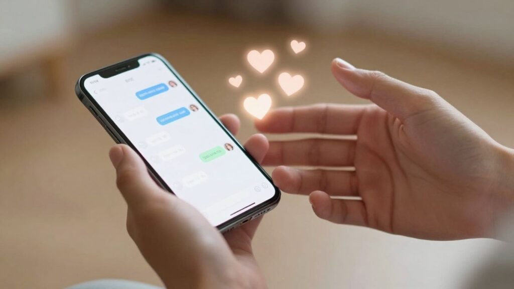 Hands connecting over a smartphone with digital hearts.