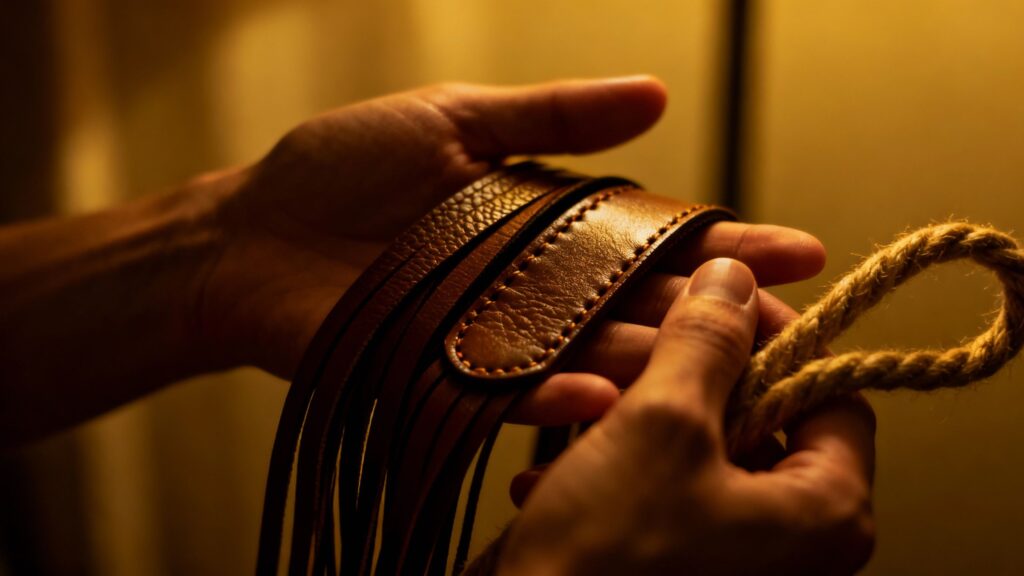 Hands holding BDSM equipment, soft textures, dim lighting.