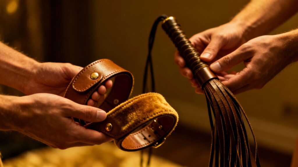 Hands holding BDSM gear in a safe, intimate setting.
