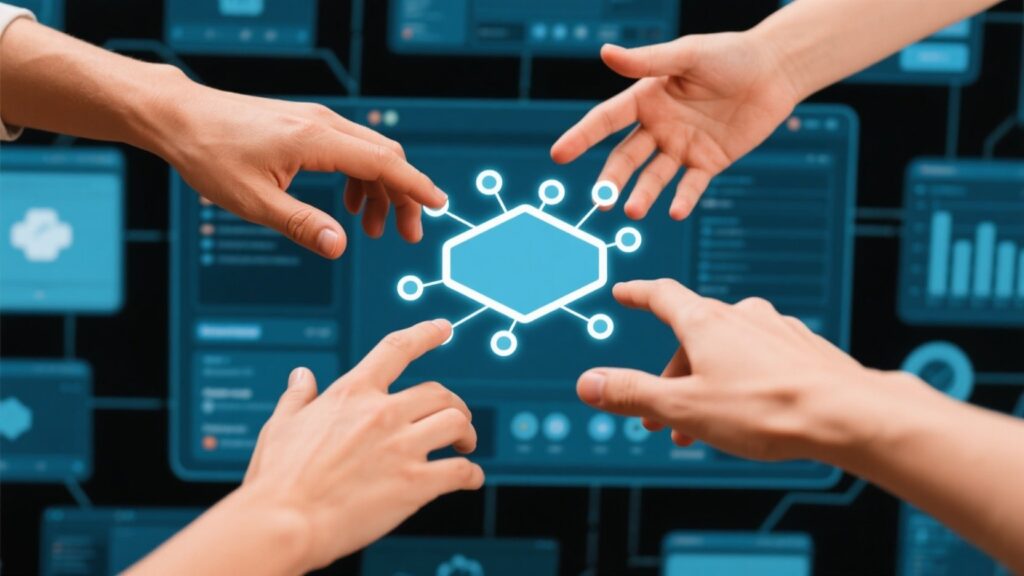 Hands reaching out to connect online.