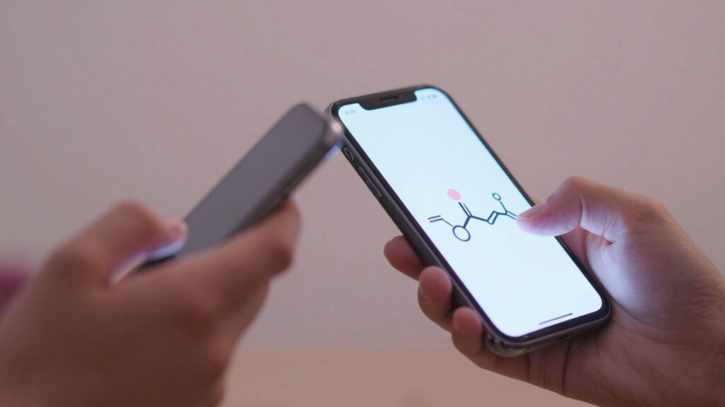 Hands texting, digital connection forming chemistry.