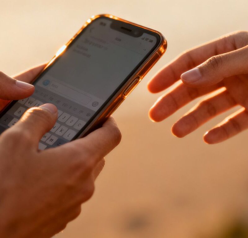 Hands texting on smartphones, digital foreplay communication.
