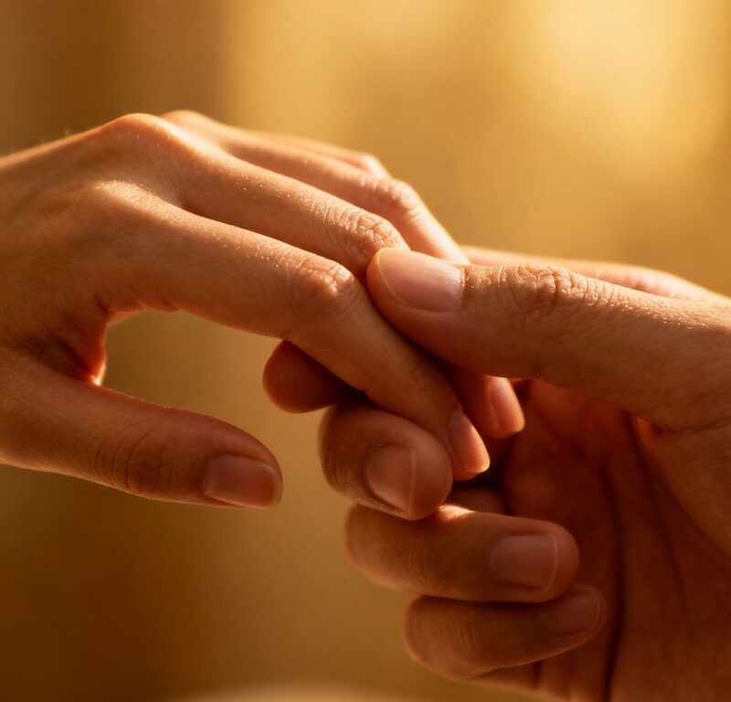 Hands touching intimately, symbolizing trust and connection.