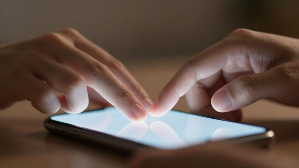 Hands touching over a glowing smartphone screen