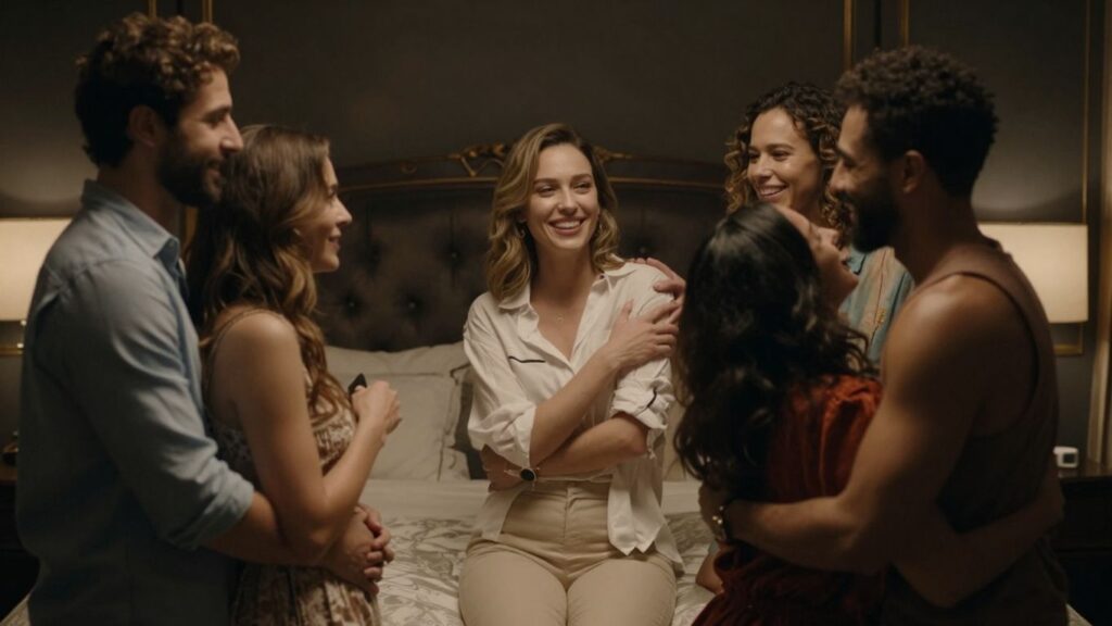 Happy people enjoying a group sexual encounter.