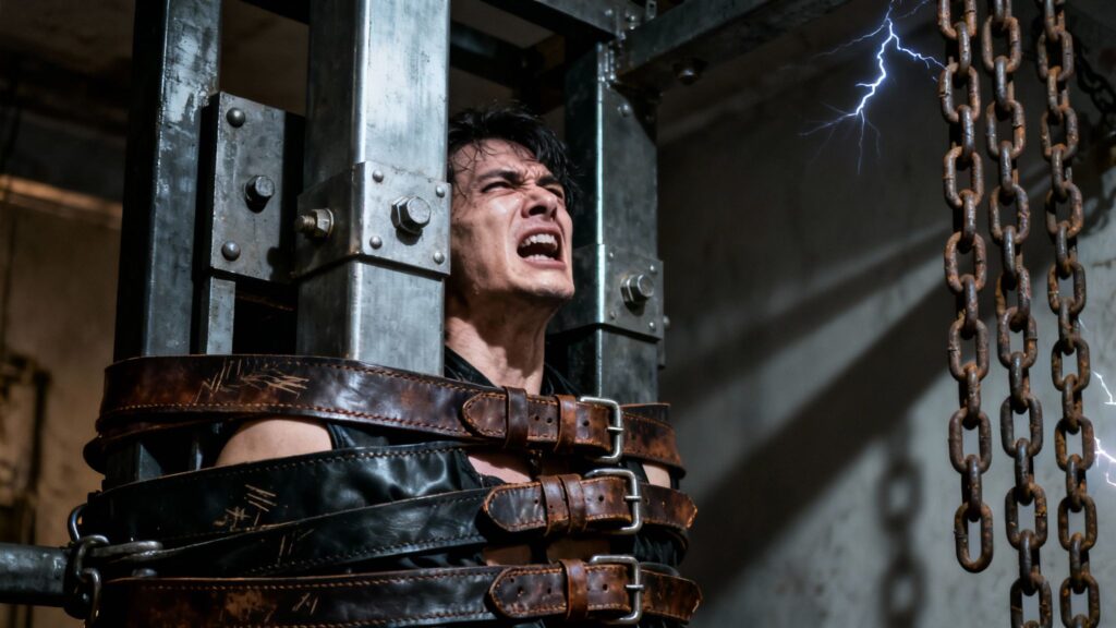 Intense BDSM scene with leather restraints and chains.