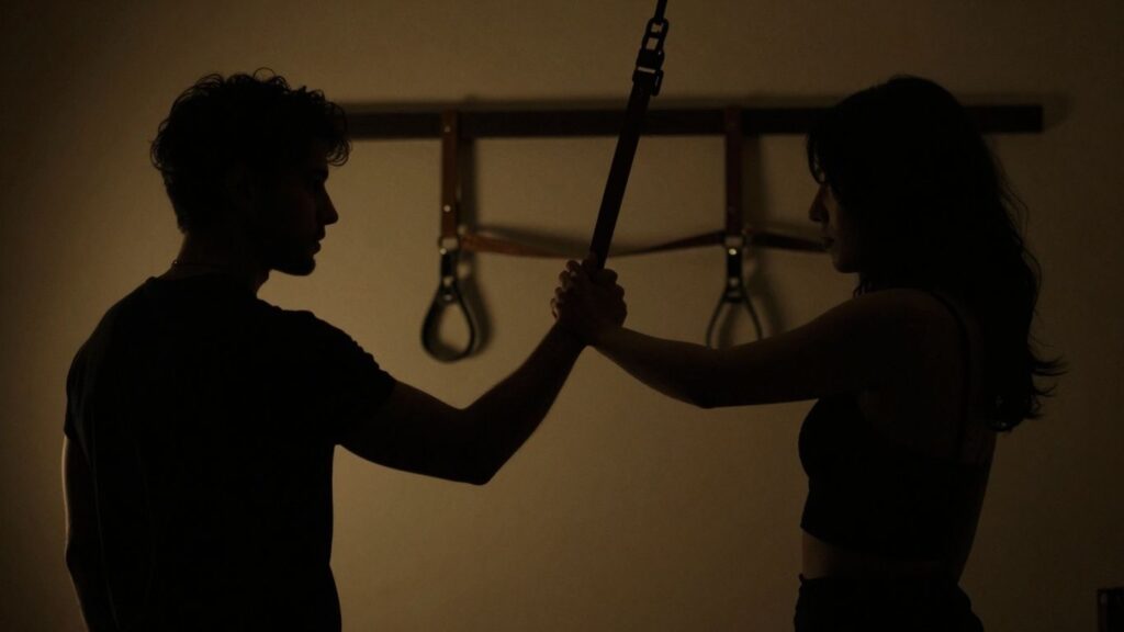 Intense BDSM scene with leather restraints and suggestive poses.