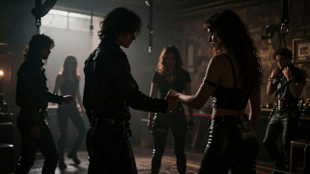 Intense BDSM space with leather-clad figures.