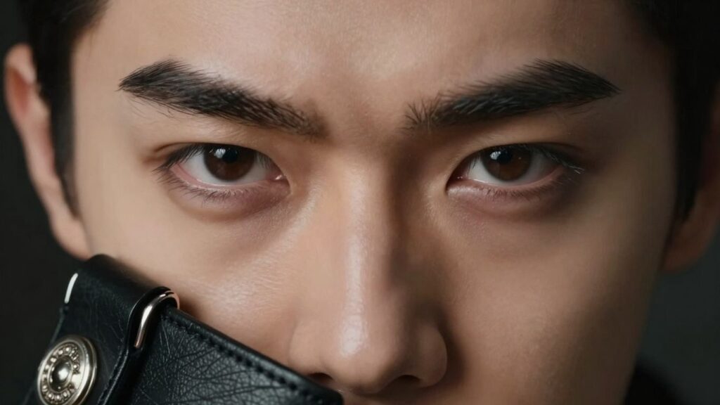 Intense gaze, leather, and metal accessories in a BDSM context.