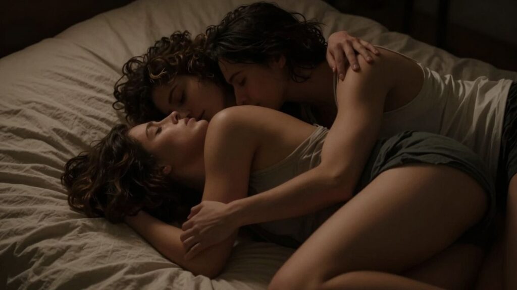 Intimate bedroom scene with entangled individuals in warm lighting.