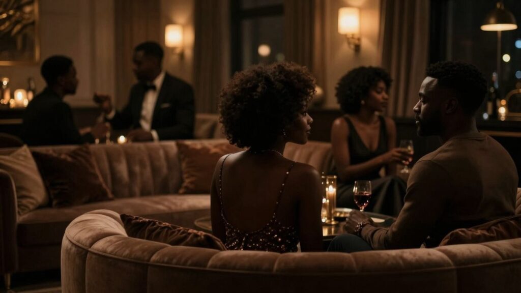 Intimate gathering in a luxurious, dimly lit party setting.