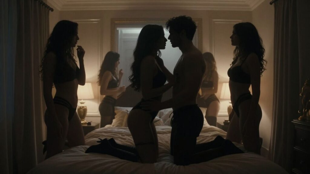 Intimate group play in a luxurious, dimly lit setting.