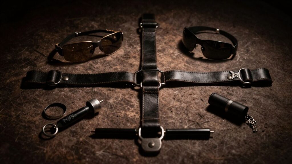 Leather restraints and BDSM tools in a dimly lit room.