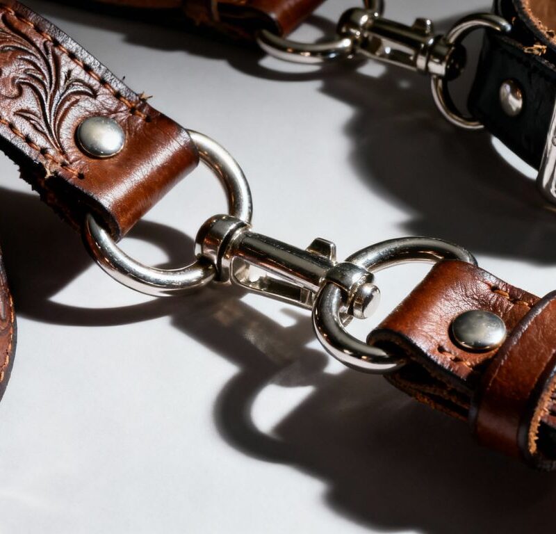Leather restraints and metal hardware in a BDSM context.