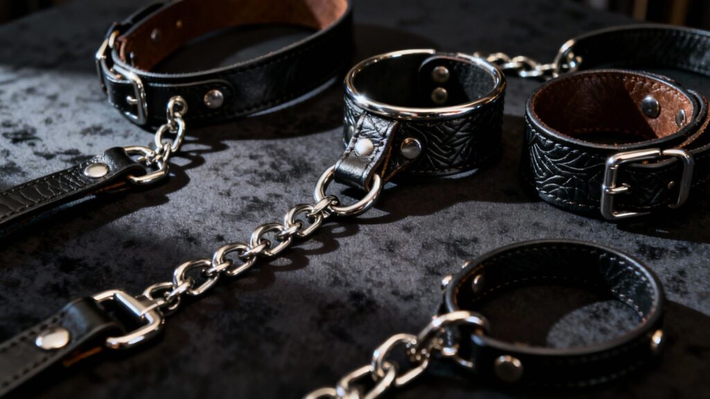 Leather restraints and metal hardware in a BDSM setting.