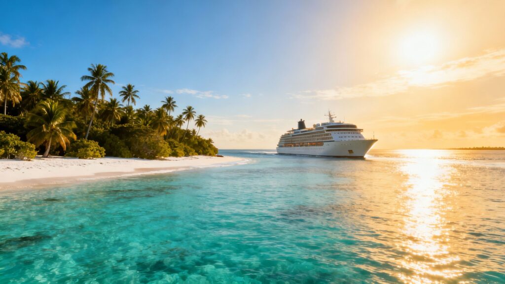 Luxury cruise ship sailing near a tropical island paradise.