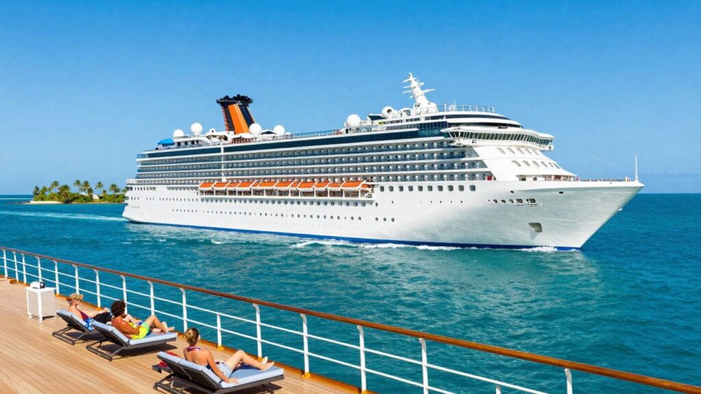 Luxury cruise ship sailing towards a tropical island.