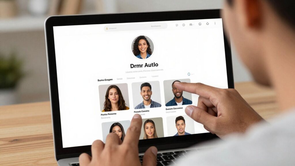 Person crafting an online persona with digital elements.