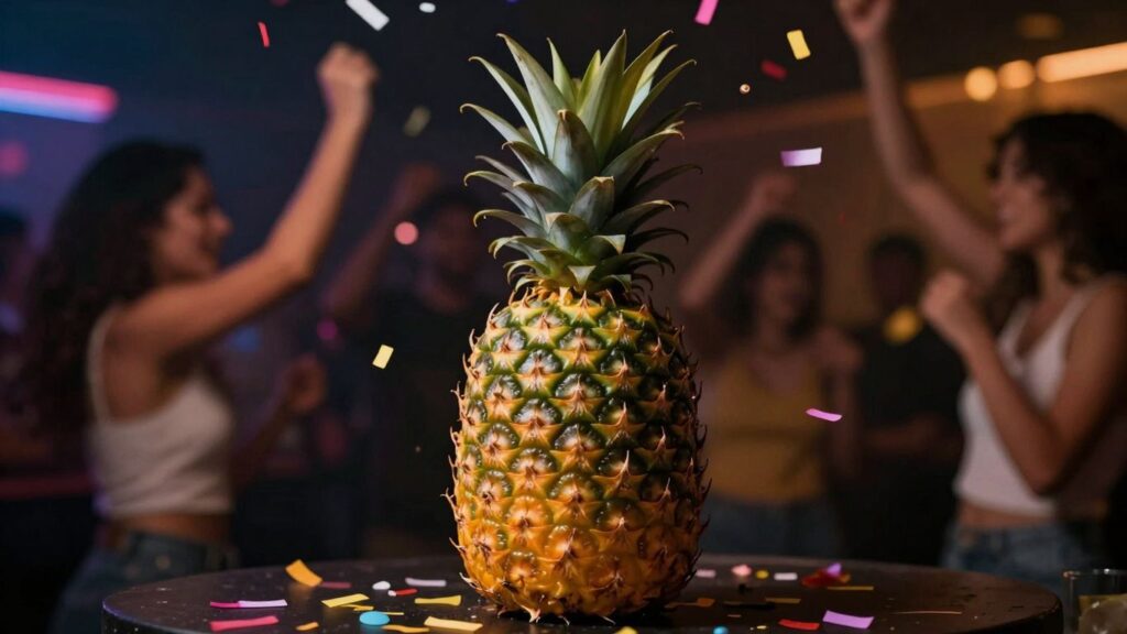 Pineapple at a party with a mysterious glow.