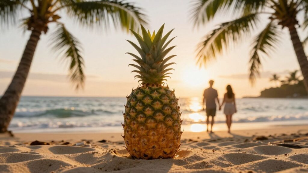Pineapple on beach with couple at sunset.