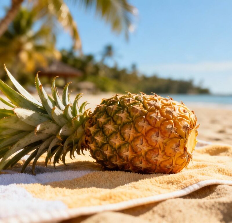 Pineapple upside down on a beach towel.