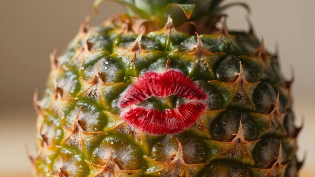 Pineapple with a red lipstick kiss mark.