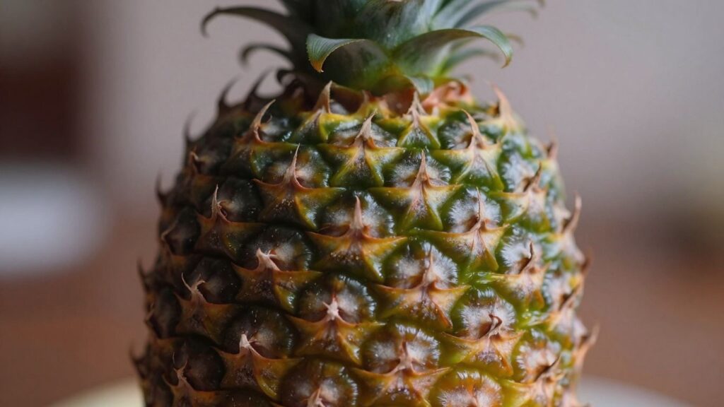 Pineapple with a subtle glow in a blurred background.