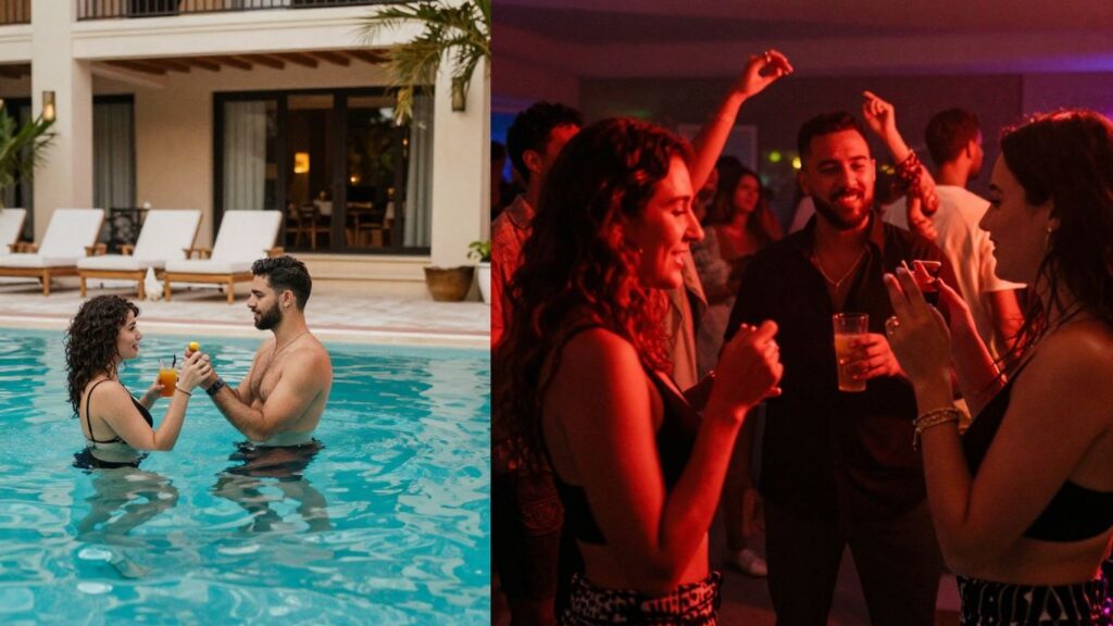 Resort pool vs house party with people interacting.