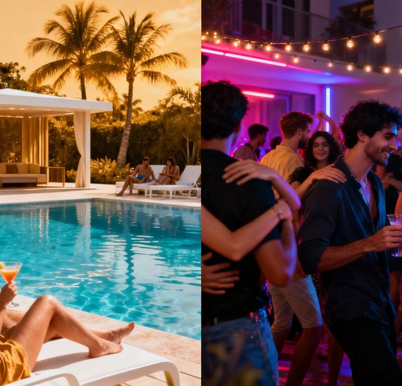 Resort pool vs. house party with couples and dancing people.